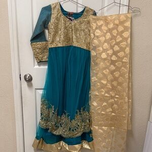 NWT Pakistani Indian Elegant Teal and Gold  embroidered Dress